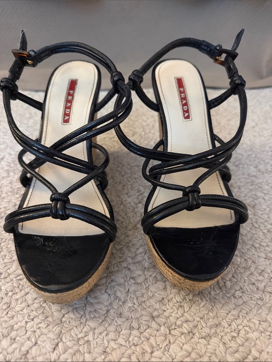 Prada Shoes - Prada Black Leather Strappy Espadrille Wedge Sandals